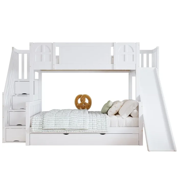 Litera infantil de madera de pino 90x200cm con 1 cajón,tobogán,ventana,escalera con almacenaje y protección contra caídas,blanco