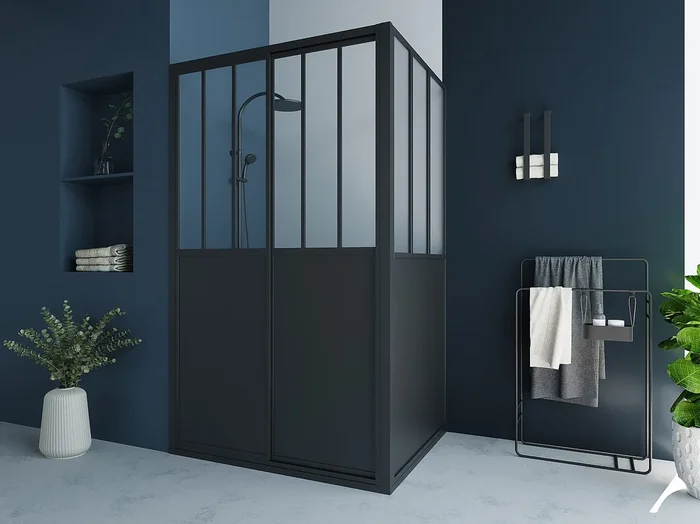 Mampara de ducha con puerta corredera negro mate estilo industrial – 120 x 80 x 195 cm – URBANIK