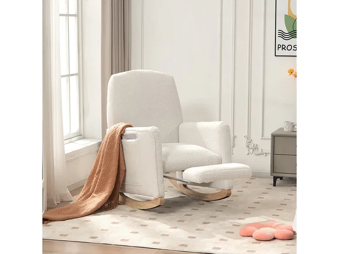 Mecedora de salón, felpa blanca, Mecedora con reposapiés retráctil y estructura de madera