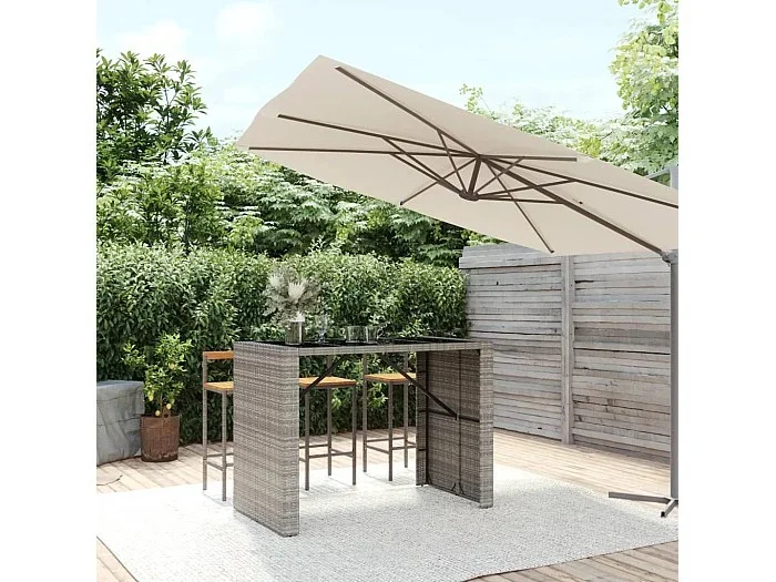 Mesa alta bar con superficie vidrio ratán PE gris 145x80x110 cm