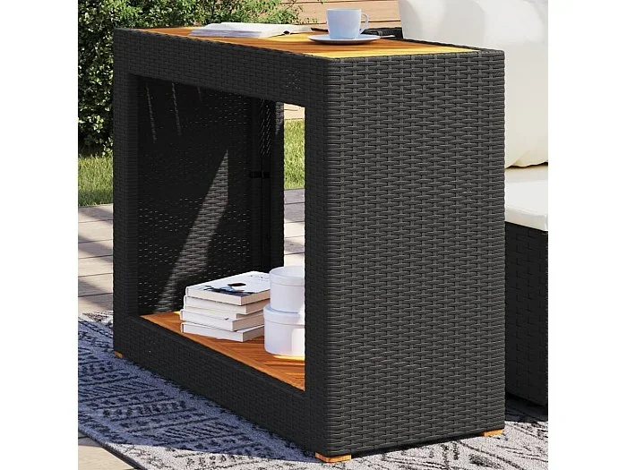 Mesa auxiliar jardín tapa madera ratán PE negro 100x40x75 cm ES106162