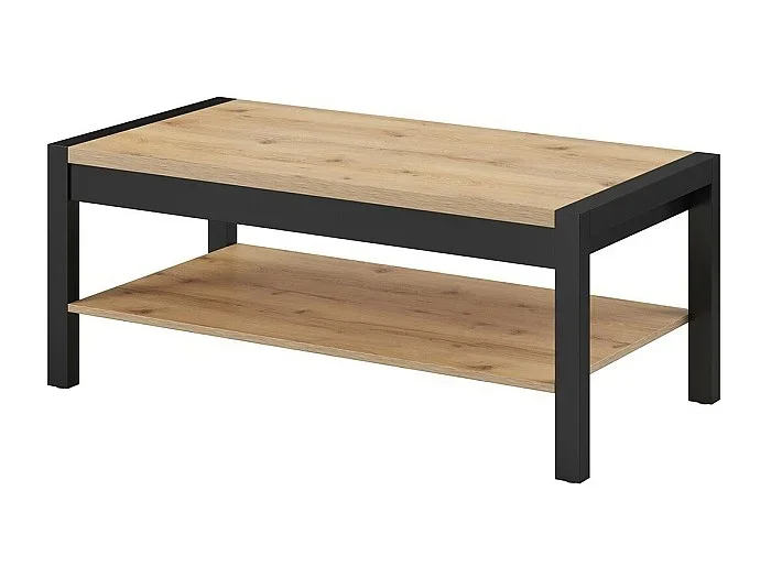 Mesa baja color roble y negro colección TIVORA con estante intermedio de almacenamiento.