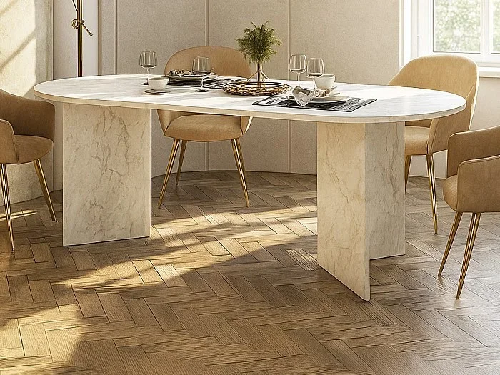Mesa comedor 8 personas – Efecto mármol blanco – TOPANIA