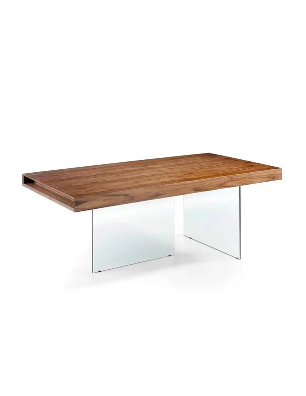 MESA COMEDOR Fantasy 200×100, MADERA NOGAL, CRISTAL