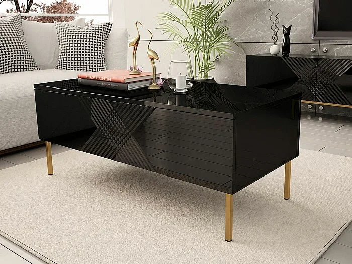 Mesa de café Merced A100, Negro Negro brillante, 49x55x120cm, Aglomerado laminado