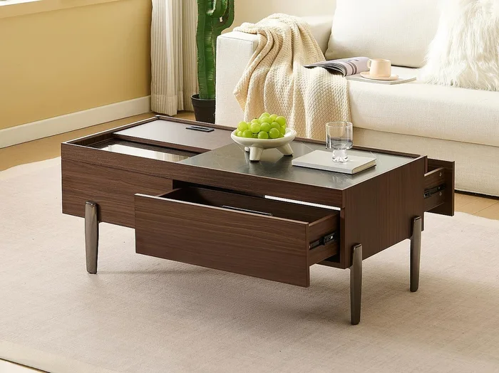 Mesa de centro 105x50x41.5 cm – con 2 cajones – Tablero de vidrio – Patas de metal – MDF – Marrón