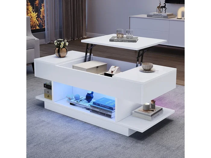 Mesa de centro con tapa elevable y 2 cajones plegables + LED – 98 x 45 x 40 cm – aglomerado – blanco