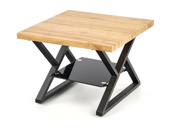Mesa de centro cuadrada con patas de acero negro, tablero de aspecto roble y estante de cristal Hulla