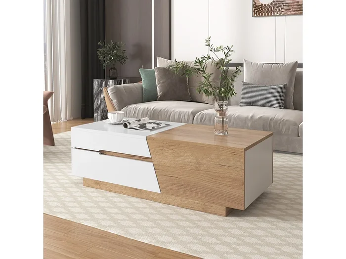 Mesa de centro extensible con 2 cajones – 120 x 50 x 37,5 cm – Tablero de partículas – Blanco + natural