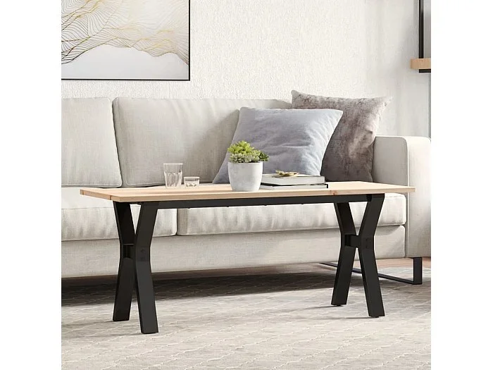Mesa de centro marco Y madera maciza pino y acero 110x40x45 cm