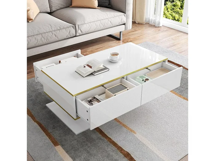 Mesa de centro rectangular 110x55x40cm con 3 cajones y 1 nicho, LED incluido, cuerpo lacado en blanco
