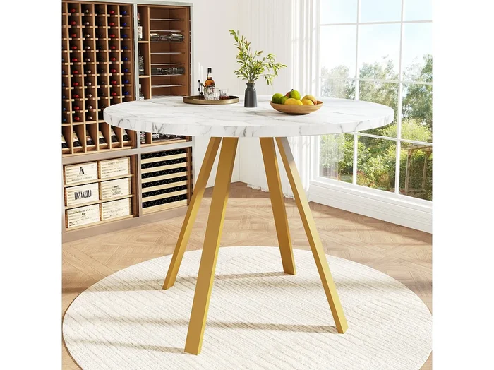 Mesa de comedor – 80 x 80 x 75 cm – mesa redonda para 4 personas – patas de metal dorado – MDF + Metal – blanco