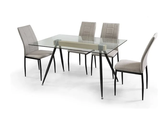 Mesa de Comedor de Cristal Templado – Patas Metálicas Negras y Travesaño de Madera Diseño Moderno 140×90 x 75 cm