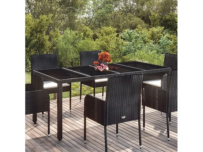 Mesa de comedor de jardín superficie de vidrio ratán PE negro 190x90x75 cm KOW40281