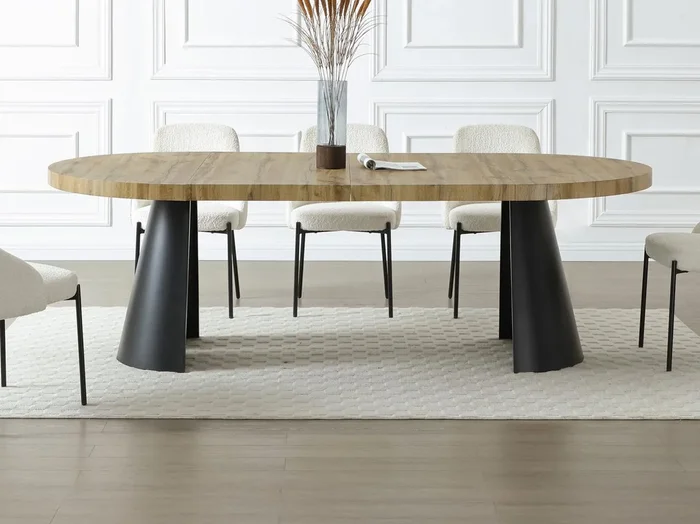 Mesa de comedor extensible 4 a 12 personas de MDF y metal negro – Natural claro – JARELIA