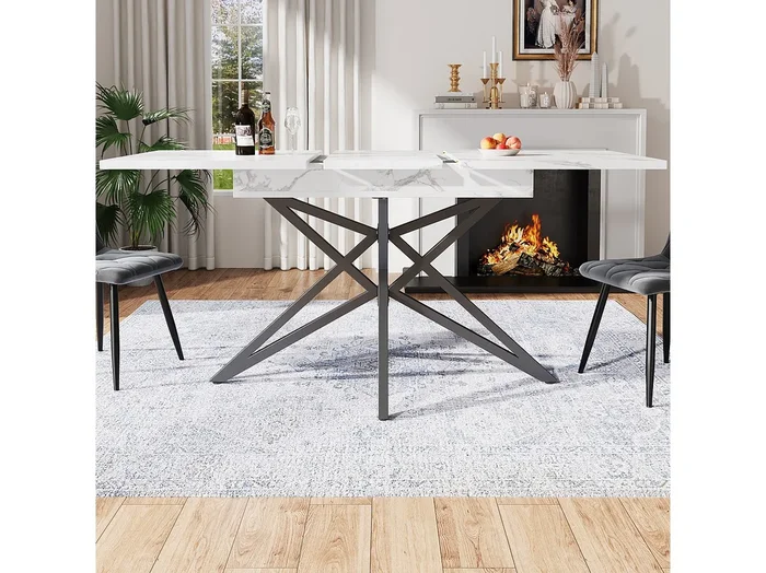 Mesa de comedor extensible – 120/160 x 80 x 66,1 cm – patas en forma de estrella – MDF + Metal – blanco