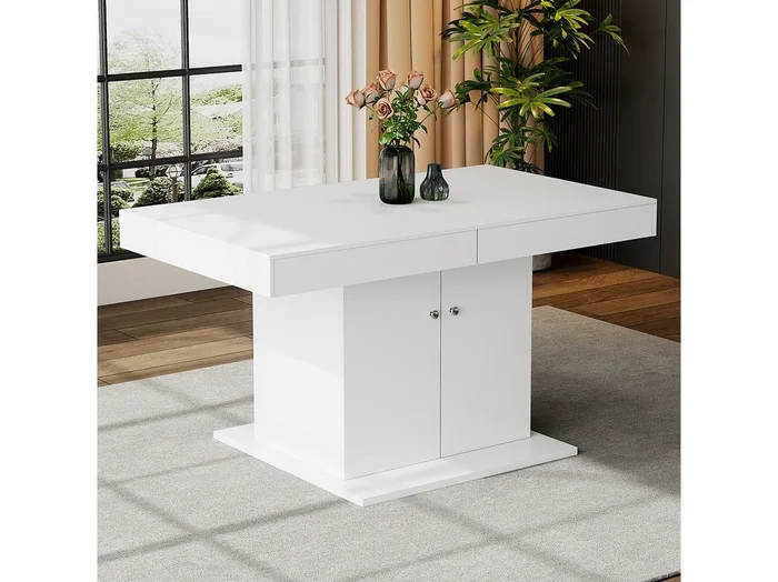 Mesa de comedor extensible – 4 a 8 personas – con espacio de almacenamiento – Tablero de partículas blancas – 140/180x80x76cm
