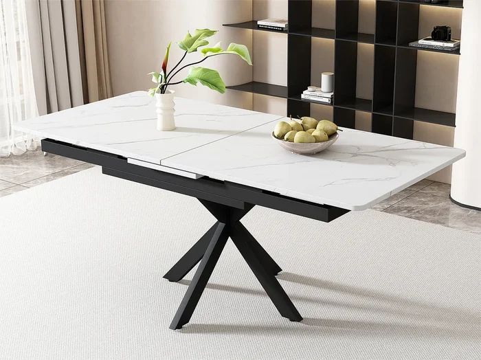 Mesa de comedor extensible – patas cruzadas de hierro forjado – tapa con diseño de mármol – Blanco y negro