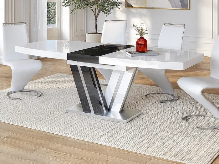 Mesa de comedor extensible NOAMI II – 6 a 8 comensales – MDF lacado gris y blanco