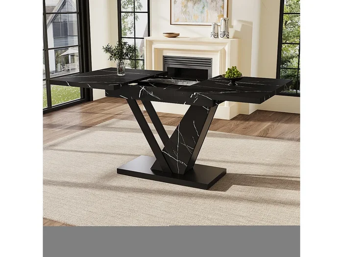 Mesa de comedor extensible para 4-6 personas 160x75cm en MDF con patas de acero regulables, chapa de mármol negro