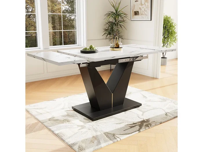 Mesa de comedor extensible para 4 a 6 personas – 99/159 x 75 x 75 cm – MDF + Patas de metal – Efecto mármol – Blanco + negro
