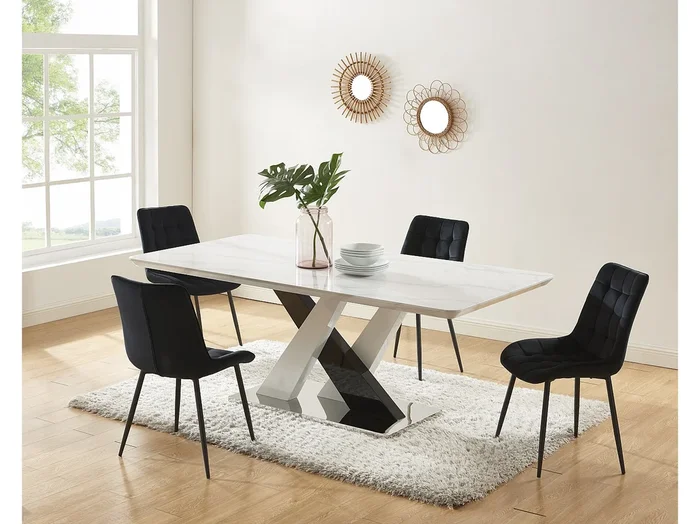 Mesa de comedor para 8 personas de MDF y acero inoxidable – Efecto mármol blanco y negro – EVAELA