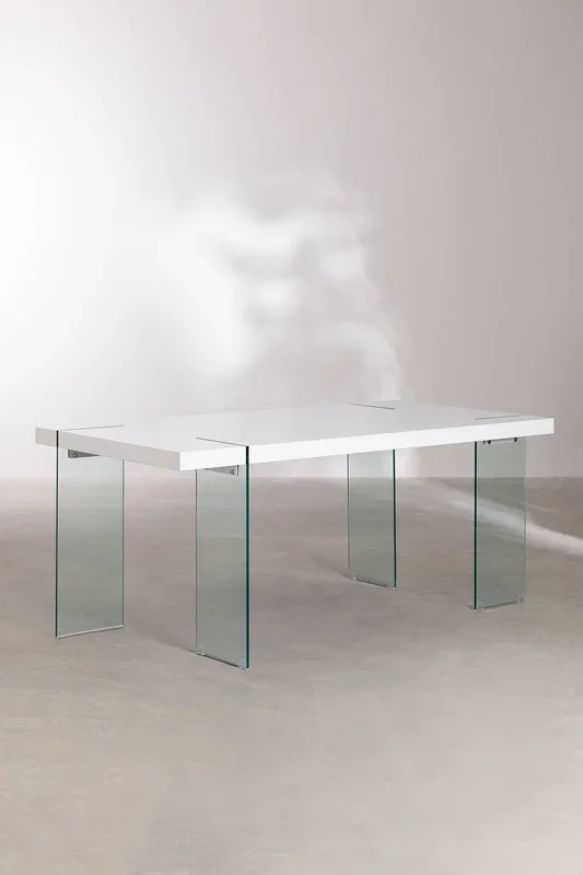 Mesa de Comedor Rectangular en MDF y Patas de Cristal Kali 190 x 95 cm Madera Blanca – SKLUM