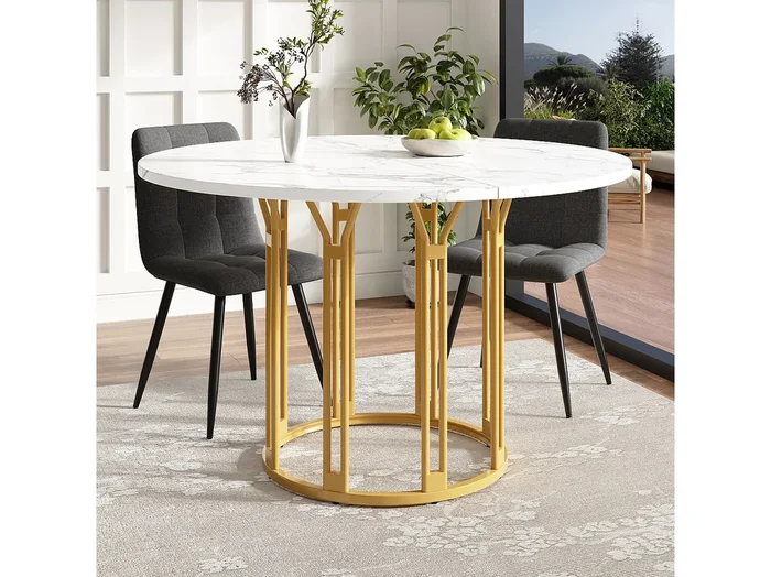 Mesa de comedor redonda – 100 x 100 x 74 cm – Patas de metal – diseño mármol – MDF + Metal – dorado