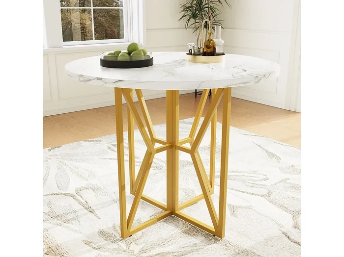 Mesa de comedor redonda para 4 a 6 personas – Pr 80 x Al 76 cm – Tablero de MDF jaspeado y patas de metal dorado – Blanco + oro
