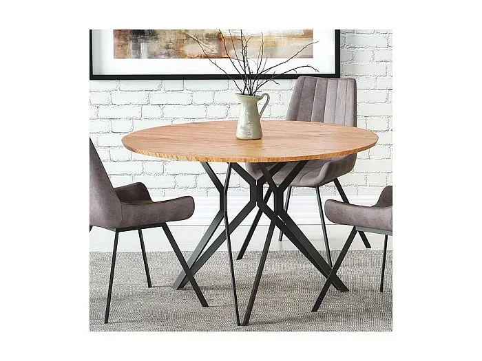 Mesa de comedor redonda Unity de 120 cm en roble dorado con patas de acero negro