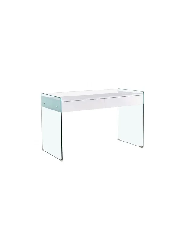 Mesa de escritorio GESLI 120×60, cristal, cajonera lacada en blanco alto brillo.