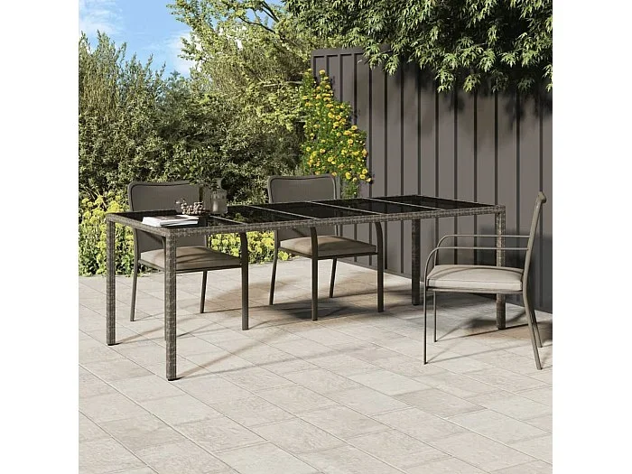 Mesa de jardín de vidrio templado ratán PE gris 250x100x75 cm