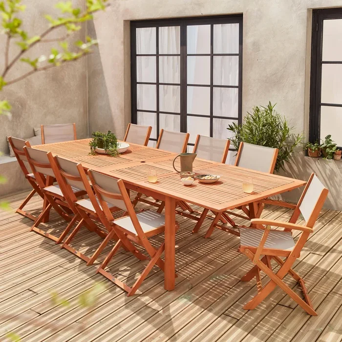 Mesa de jardín extensible de madera + 10 sillas