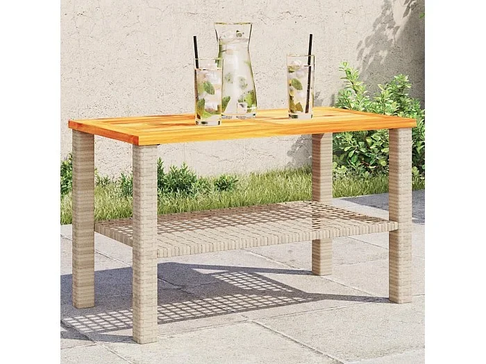 Mesa de jardín ratán sintético madera acacia beige 70x38x42 cm