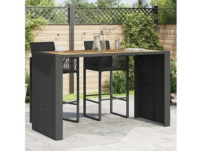 Mesa de jardín superficie de madera ratán PE negro 185x80x110cm