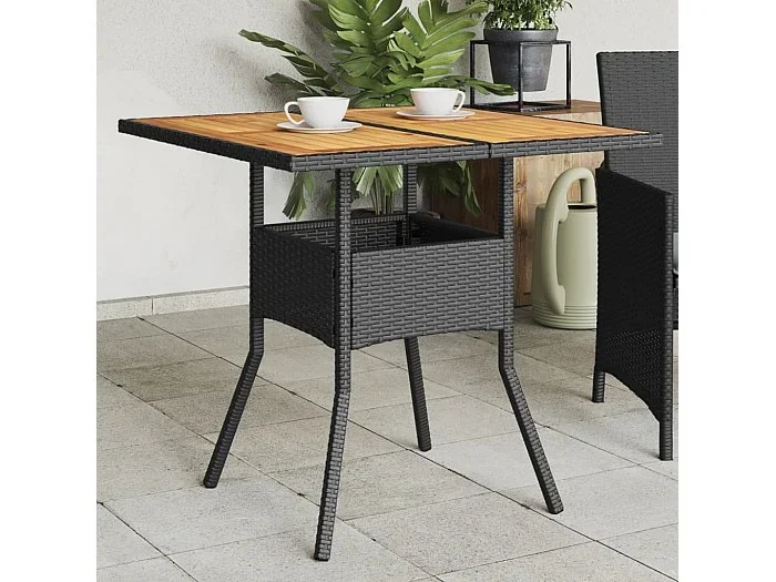 Mesa de jardín superficie de madera ratán PE negro 80x80x75 cm