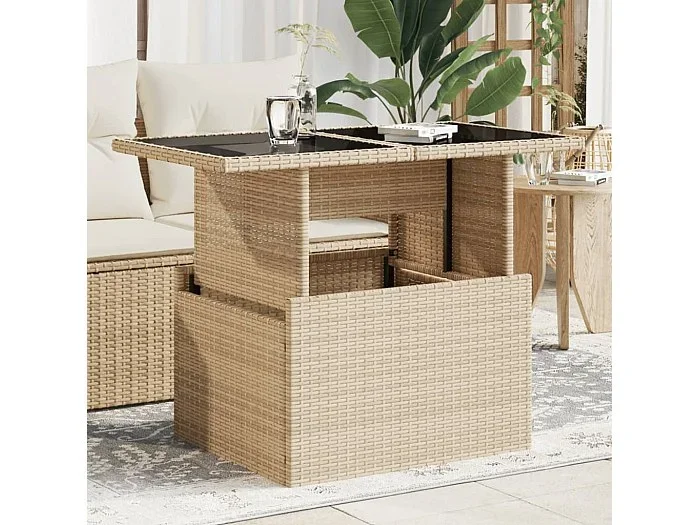 Mesa de jardín superficie de vidrio ratán PE beige 100x55x73 cm
