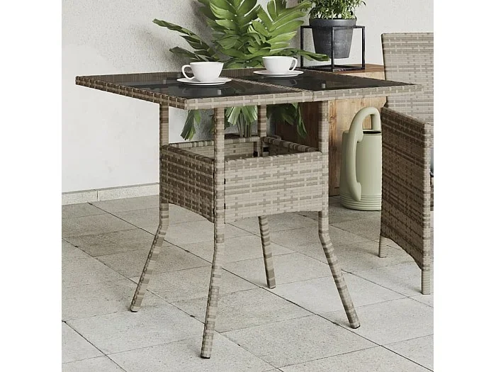 Mesa de jardín superficie de vidrio ratán PE gris 80x80x75 cm