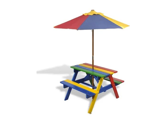 Mesa de picnic y bancos de niños y sombrilla madera multicolor KOW87367
