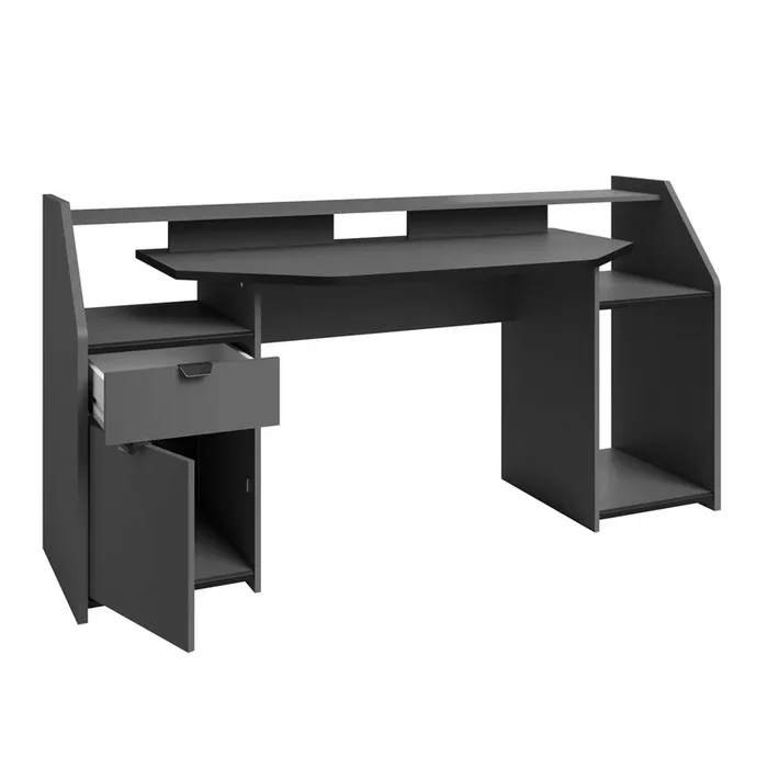 Mesa Escritorio Gaming Grande con Cajón y Armario con puerta Abatible en Color Gris con LED 98x180x67 cm