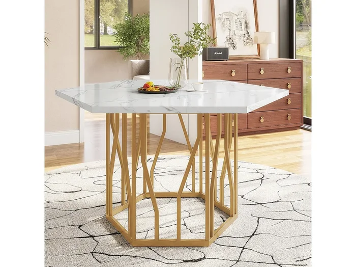 Mesa hexagonal de MDF con tapa de mármol, metal, diseño moderno, para salón comedor, color dorado, 115×100