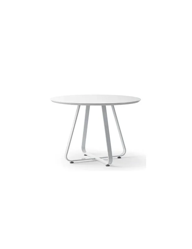 Mesa Kati 110cm de diseño moderno con tapa en DM lacada color blanco y patas de metal lacado blanco.