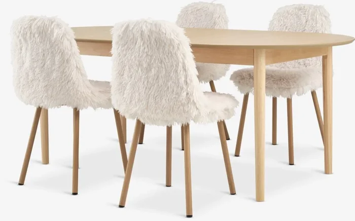 Mesa MARSTRAND L200/280 roble + 4 sillas JONSTRUP felpa