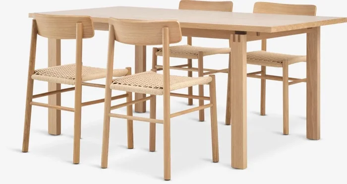 Mesa MEJLSKOV L180 roble + 4 ISLEV sin reposabrazos roble