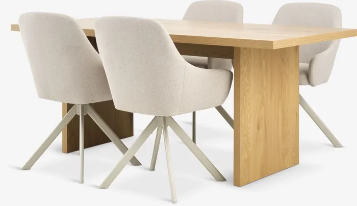 Mesa MUNKEBY L180 roble cálido + 4 sillas ROSTRUP beis