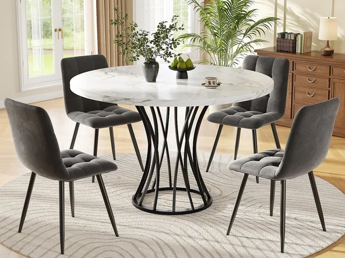 Mesa redonda con 4 sillas – Tablero de MDF, estructura metálica y cojines de terciopelo – Blanco&Negro