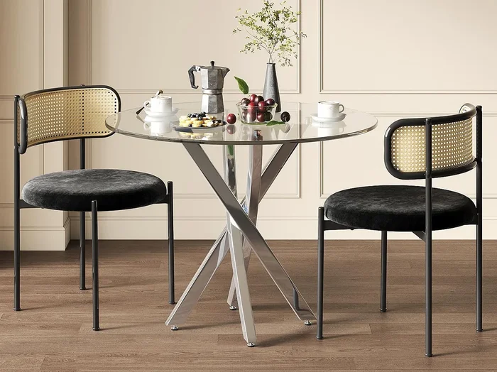 Mesa redonda de comedor 80×80×75 cm – tablero de vidrio templado – patas galvanizadas – plateado