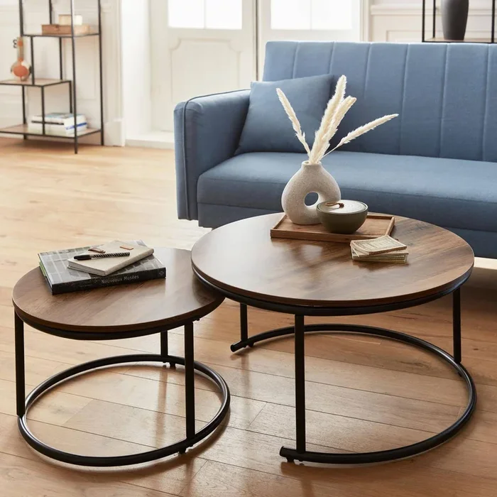 Mesa redonda nido con efecto madera, set de 2
