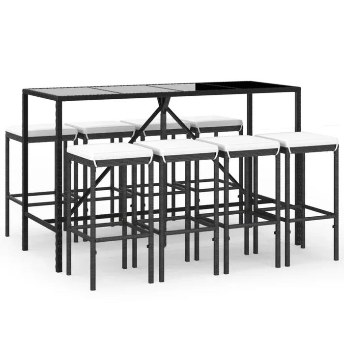 Mesa y taburetes altos jardin 9 piezas y cojines ratán pe negro longitud mesa 180 cm
