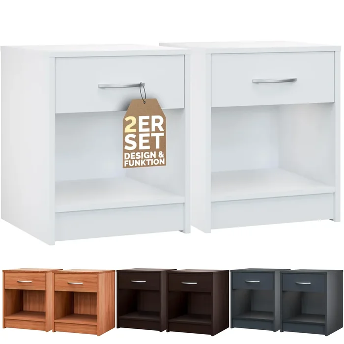 Mesita de noche con cajón y tirador set de 2 blanca